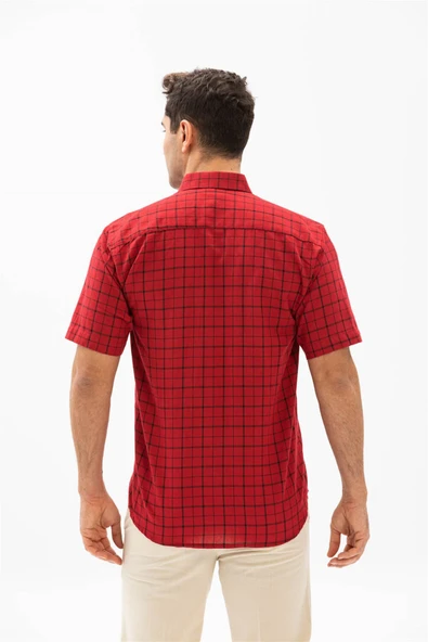 Büyük Beden Kısa Kol Şile Bezi Tek Cepli Erkek Yazlık Gömlek Kırmızı Kareli 3056 - Resim 2