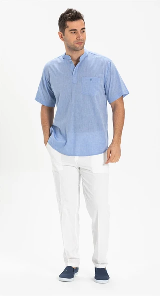 Büyük Beden Şile Bezi Kısa Kol Tek Cepli Hakim Yaka Erkek Yazlık Tshirt Mavi 3032 - Resim 3