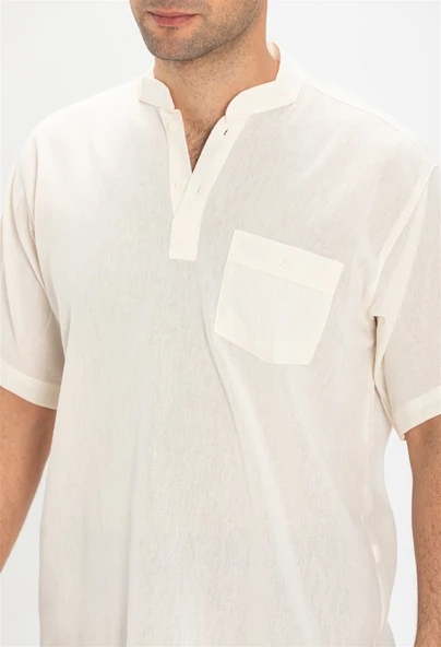 Büyük Beden Şile Bezi Kısa Kol Tek Cepli Hakim Yaka Erkek Yazlık Tshirt Krem 3002 - 3
