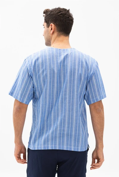 Büyük Beden Kısa Kol Şile Bezi Zımbalı Erkek Yazlık Tshirt Mavi Beyaz Çizgili 3019 - 2