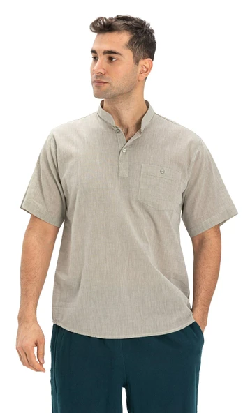 Büyük Beden Şile Bezi Kısa Kol Tek Cepli Hakim Yaka Erkek Yazlık Tshirt Taş 3031 - 7