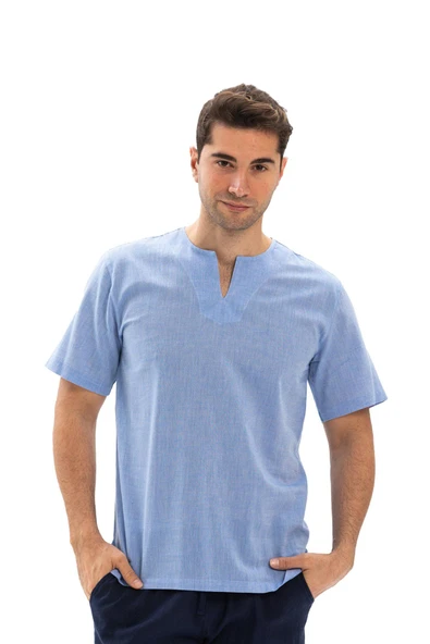 Büyük Beden Kısa Kol Şile Bezi Bisiklet Yaka Erkek Yazlık Tshirt Mavi 3032 - 6