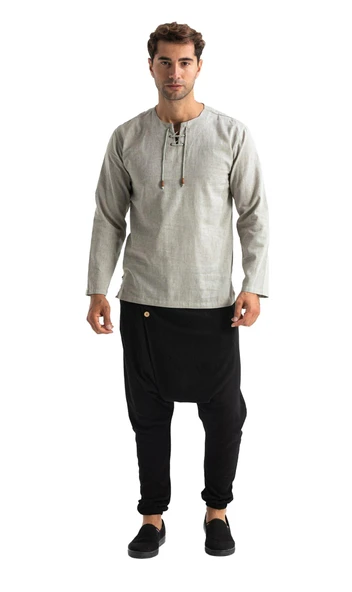 Büyük Beden Şile Bezi Uzun Kol Zımbalı Erkek Yazlık Tshirt Taş 3031 - 6