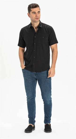 Büyük Beden Kısa Kol Şile Bezi Tek Cepli Erkek Yazlık Gömlek Siyah 3003 - Resim 3