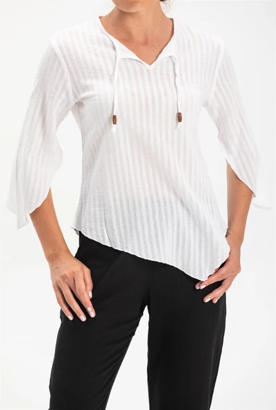 Truvakar Kol Büyük Beden Gofre Rodos Yazlık Bluz Beyaz Byz 3XL Beyaz - Resim 3