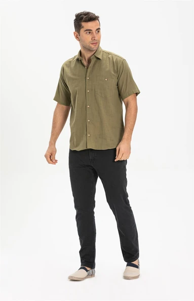 Büyük Beden Kısa Kol Şile Bezi Tek Cepli Erkek Yazlık Gömlek Haki 3049 - Resim 3