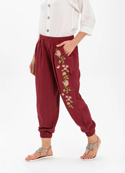 Nakışlı Şile Bezi Asya Yazlık Otantik Şalvar Bordo Brd XS Bordo - 1