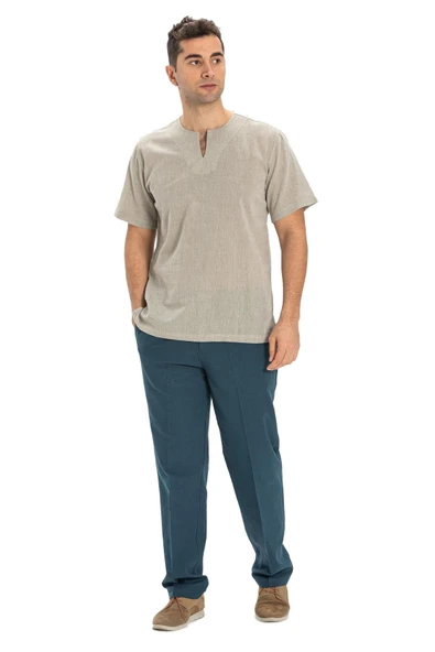 Büyük Beden Kısa Kol Şile Bezi Bisiklet Yaka Erkek Yazlık Tshirt Taş 3031 - 5