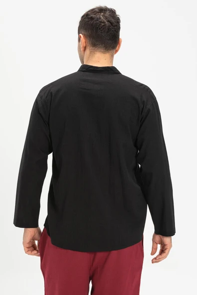 Büyük Beden Şile Bezi Uzun Kol Tek Cepli Hakim Yaka Erkek Yazlık Tshirt Siyah 3003 - Resim 2