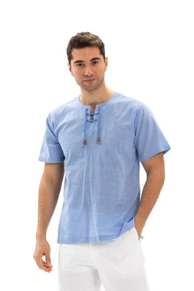 Büyük Beden Kısa Kol Şile Bezi Zımbalı Erkek Yazlık Tshirt Mavi 3032 - 6