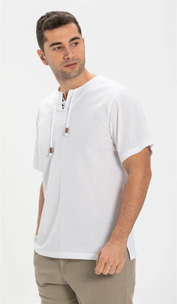 Büyük Beden Kısa Kol Şile Bezi Zımbalı Erkek Yazlık Tshirt Beyaz 3001 ürün görseli