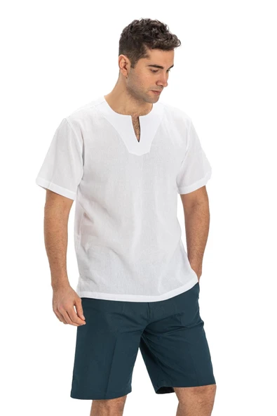 Büyük Beden Kısa Kol Şile Bezi Bisiklet Yaka Erkek Yazlık Tshirt Beyaz 3001 - 5