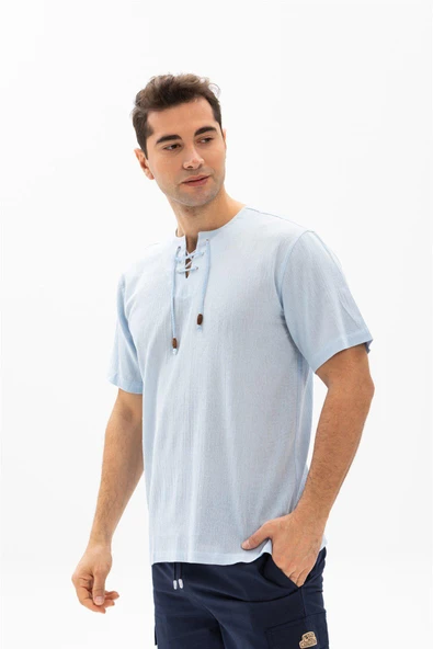 Büyük Beden Kısa Kol Şile Bezi Zımbalı Erkek Yazlık Tshirt Buz Mavi 3027 - 3