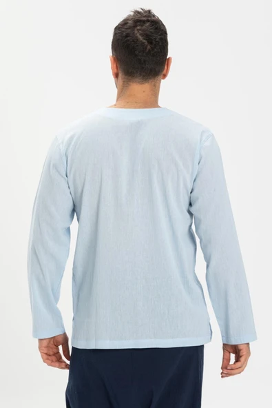 Büyük Beden Şile Bezi Uzun Kol Zımbalı Erkek Yazlık Tshirt Buz Mavi 3027 - Resim 2