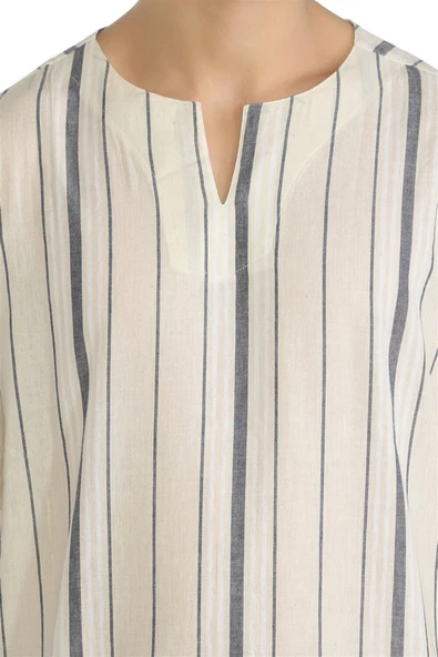 Büyük Beden Kısa Kol Şile Bezi Bisiklet Yaka Erkek Yazlık Tshirt Ekru Gri Çizgili 3028 - Resim 3