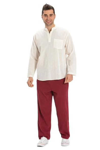 Büyük Beden Şile Bezi Uzun Kol Tek Cepli Hakim Yaka Erkek Yazlık Tshirt Krem 3002 - 5