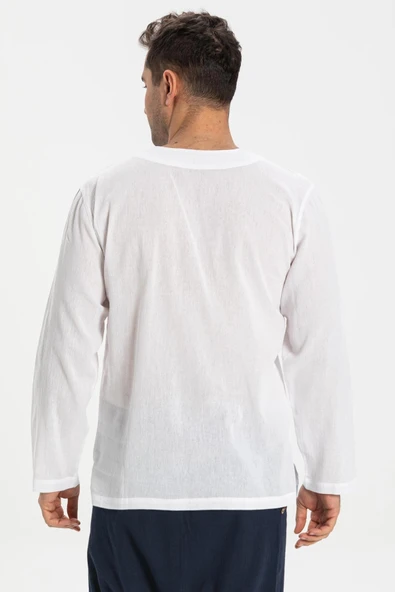 Büyük Beden Şile Bezi Uzun Kol Zımbalı Erkek Yazlık Tshirt Beyaz 3001 - 2