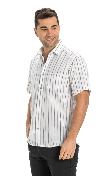 Büyük Beden Kısa Kol Şile Bezi Tek Cepli Erkek Yazlık Gömlek Beyaz Siyah Çizgili 3006 - Resim 5