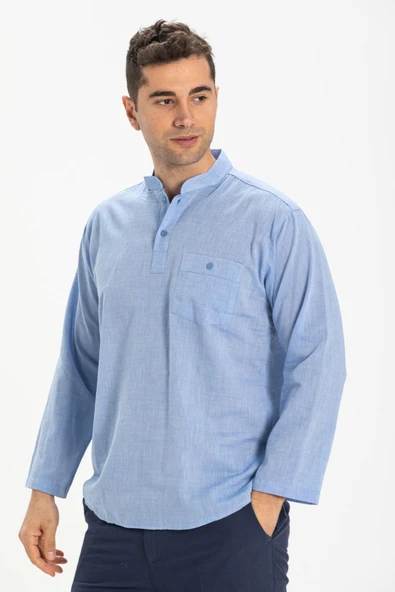 Büyük Beden Şile Bezi Uzun Kol Tek Cepli Hakim Yaka Erkek Yazlık Tshirt Mavi 3032 - Resim 3