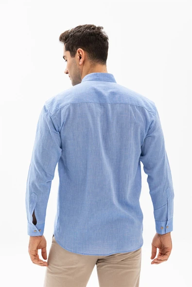 Büyük Beden Uzun Kol Şile Bezi Hakim Yaka Tek Cepli Erkek Yazlık Gömlek Mavi 3032 - Resim 2