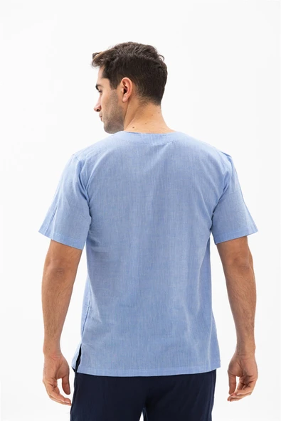 Büyük Beden Kısa Kol Şile Bezi Bisiklet Yaka Erkek Yazlık Tshirt Mavi 3032 - 2