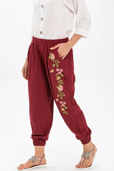 Nakışlı Şile Bezi Asya Yazlık Otantik Şalvar Bordo Brd XS Bordo - 4