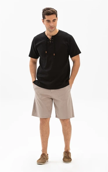 Büyük Beden Kısa Kol Şile Bezi Zımbalı Erkek Yazlık Tshirt Siyah 3003 - 4