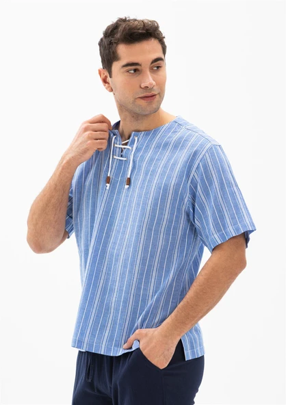 Büyük Beden Kısa Kol Şile Bezi Zımbalı Erkek Yazlık Tshirt Mavi Beyaz Çizgili 3019 - 3
