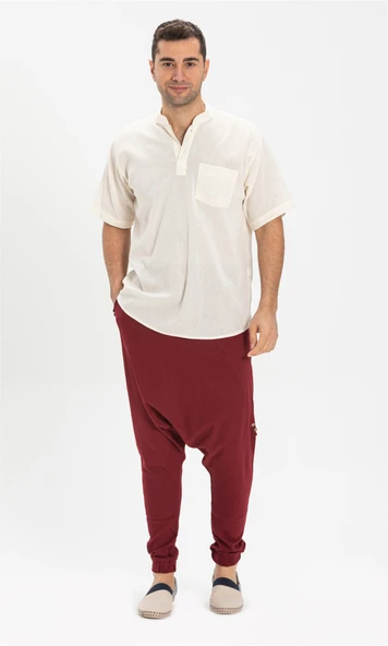 Büyük Beden Şile Bezi Kısa Kol Tek Cepli Hakim Yaka Erkek Yazlık Tshirt Krem 3002 - 4