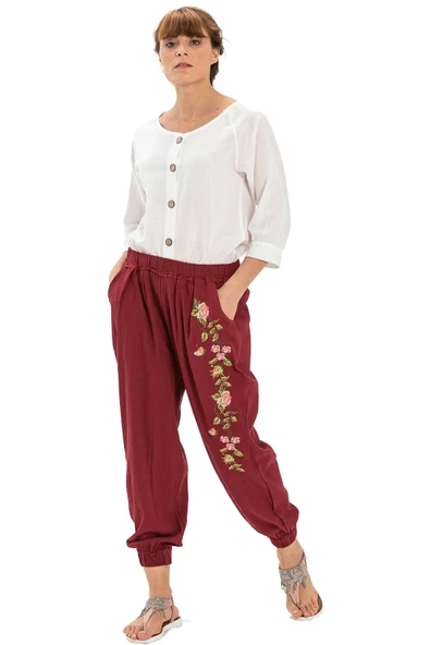 Nakışlı Şile Bezi Asya Yazlık Otantik Şalvar Bordo Brd XS Bordo - 6
