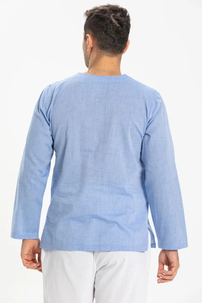 Büyük Beden Şile Bezi Uzun Kol Zımbalı Erkek Yazlık Tshirt Mavi 3032 - 2