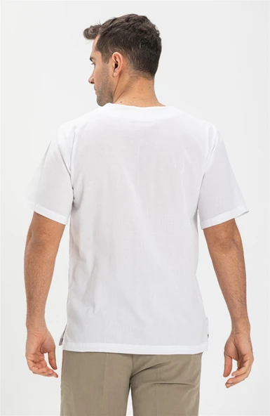 Büyük Beden Kısa Kol Şile Bezi Zımbalı Erkek Yazlık Tshirt Beyaz 3001 - Resim 2