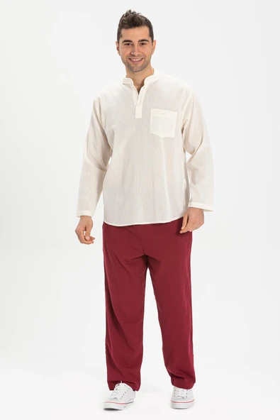 Büyük Beden Şile Bezi Uzun Kol Tek Cepli Hakim Yaka Erkek Yazlık Tshirt Krem 3002 - 1