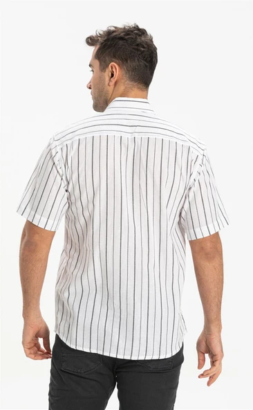 Büyük Beden Kısa Kol Şile Bezi Tek Cepli Erkek Yazlık Gömlek Beyaz Siyah Çizgili 3006 - Resim 2
