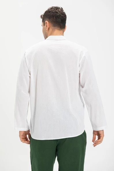 Büyük Beden Şile Bezi Uzun Kol Tek Cepli Hakim Yaka Erkek Yazlık Tshirt Beyaz 3001 - Resim 2