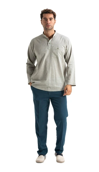 Büyük Beden Şile Bezi Uzun Kol Tek Cepli Hakim Yaka Erkek Yazlık Tshirt Taş 3031 - Resim 6