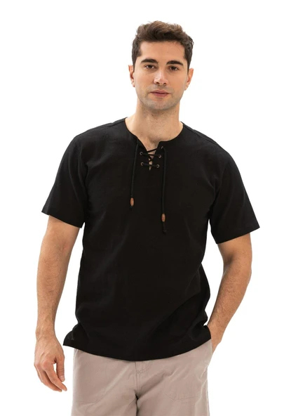 Büyük Beden Kısa Kol Şile Bezi Zımbalı Erkek Yazlık Tshirt Siyah 3003 - 6