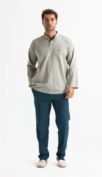 Büyük Beden Şile Bezi Uzun Kol Tek Cepli Hakim Yaka Erkek Yazlık Tshirt Taş 3031 ürün görseli