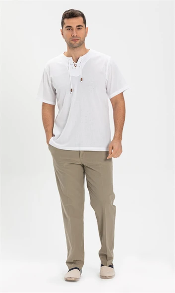 Büyük Beden Kısa Kol Şile Bezi Zımbalı Erkek Yazlık Tshirt Beyaz 3001 - Resim 3