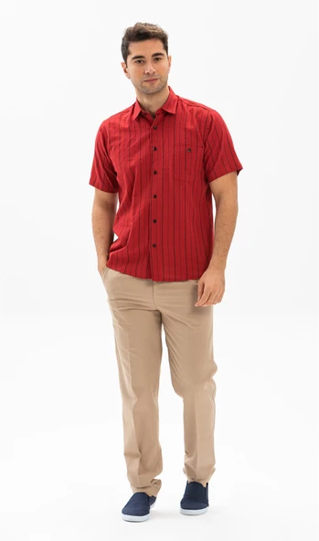 Büyük Beden Kısa Kol Şile Bezi Tek Cepli Erkek Yazlık Gömlek Kırmızı Siyah Çizgili 3005 - Resim 4
