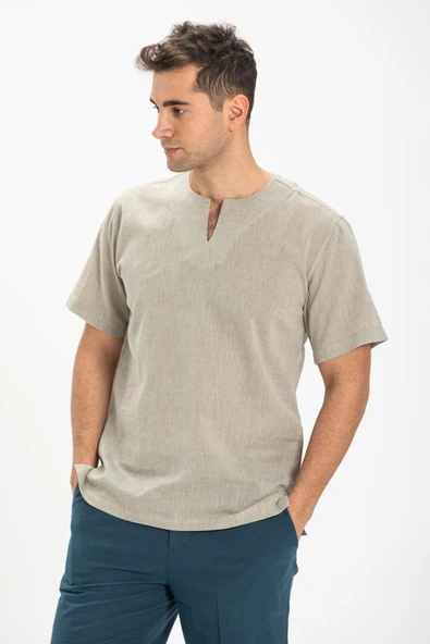 Büyük Beden Kısa Kol Şile Bezi Bisiklet Yaka Erkek Yazlık Tshirt Taş 3031 - 3