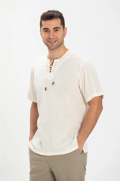 Büyük Beden Kısa Kol Şile Bezi Zımbalı Erkek Yazlık Tshirt Krem 3002 ürün görseli