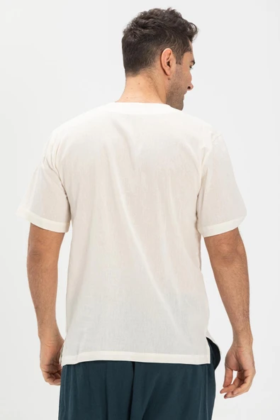 Büyük Beden Kısa Kol Şile Bezi Bisiklet Yaka Erkek Yazlık Tshirt Krem 3002 - Resim 2