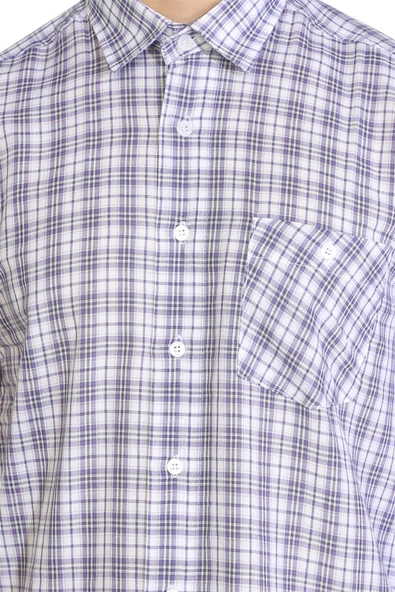 Büyük Beden Kısa Kol Şile Bezi Tek Cepli Erkek Yazlık Gömlek Mor Kareli 3035 - Resim 3