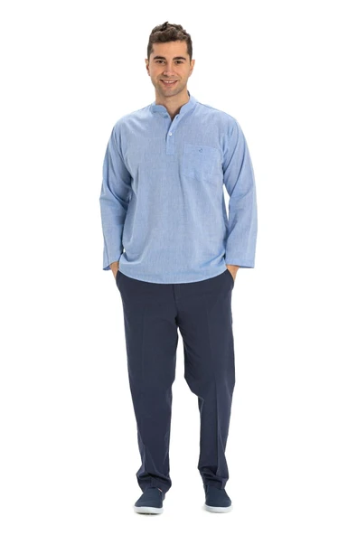 Büyük Beden Şile Bezi Uzun Kol Tek Cepli Hakim Yaka Erkek Yazlık Tshirt Mavi 3032 - Resim 5