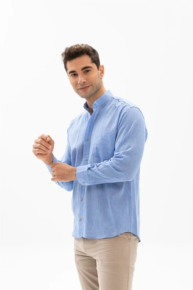 Büyük Beden Uzun Kol Şile Bezi Hakim Yaka Tek Cepli Erkek Yazlık Gömlek Mavi 3032 - Resim 3