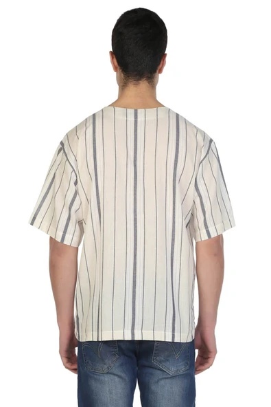 Büyük Beden Kısa Kol Şile Bezi Bisiklet Yaka Erkek Yazlık Tshirt Ekru Gri Çizgili 3028 - Resim 2