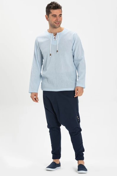 Büyük Beden Şile Bezi Uzun Kol Zımbalı Erkek Yazlık Tshirt Buz Mavi 3027 ürün görseli