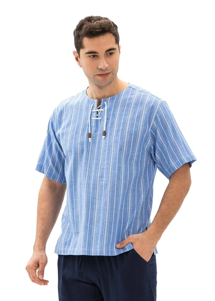 Büyük Beden Kısa Kol Şile Bezi Zımbalı Erkek Yazlık Tshirt Mavi Beyaz Çizgili 3019 - 6