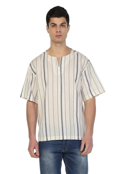 Büyük Beden Kısa Kol Şile Bezi Bisiklet Yaka Erkek Yazlık Tshirt Ekru Gri Çizgili 3028 ürün görseli